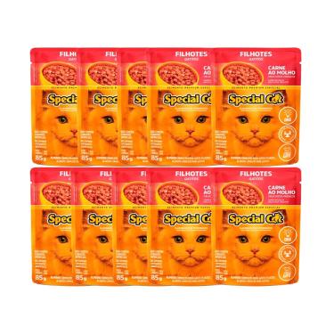 Imagem de Kit 10 Racoes Special Cat Sache Gatos Filhotes Carne - 85g