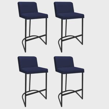 Imagem de Kit 04 Banquetas Com Encosto Noah Luxo Confort Bistrô Cozinha Ferro Preto Corino Azul Marinho - Ahz Móveis