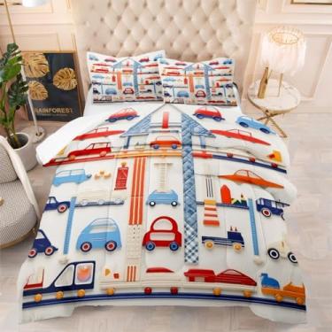 Imagem de XiRiDa Conjunto de edredom solteiro 3D com estampa de desenho animado de carro, conjunto de edredom com almofadas decorativas, todas as estações, tamanho solteiro