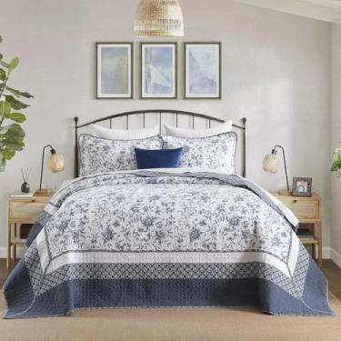 Imagem de CozyStitch Colcha de cama floral 325 x 304 cm California King, 100% algodão, GG, grande, com 2 fronhas, conjunto de colcha leve e acolchoada para jardim, azul/branco, 3 peças