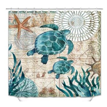 Imagem de Cortina de chuveiro com tema costeiro de tartarugas marinhas verdes, praia, tema costeiro, oceano, mundo subaquático, colorido, tartaruga, coral no fundo do mar, decoração de casa, impermeável, 177 x