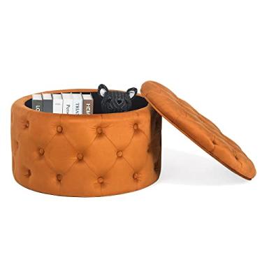 Imagem de Homebeez Otomano redondo de veludo, banco de apoio para os pés tufado com botões, mesa de centro para sala de estar, 63 cm C x 63 cm L x 39 cm A, laranja