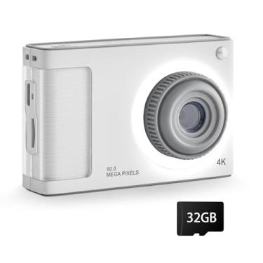 Imagem de Câmera digital, câmera infantil FHD 1080p com cartão de 32 GB, zoom de 48 MP 8X câmera digital apontar e fotografar, antivibração, câmera frontal, cordão, câmera compacta pequena de viagem vintage