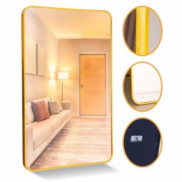 Imagem de Espelho Grande Decorativo Banheiro e Sala Retangular Dourado com Moldu