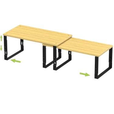 Imagem de Prateleiras de armazenamento ajustáveis para organização de armários de cozinha – Conjunto de 2 prateleiras empilháveis de metal e madeira projetada, design que economiza espaço para bancada/despensa