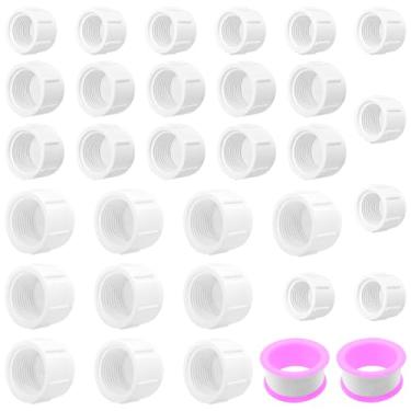 Imagem de 30 peças, 1/5.1 cm, 3/10.2 cm, 2.5 cm, tampas de tubo de PVC e 2 peças de fita selante para tampas de irrigação, encanamento, reparo e retrofit de tubos, adaptador de plugue de tubo fêmea