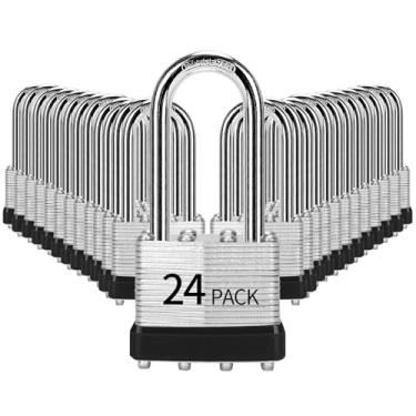 Imagem de HZSY Cadeados com chave igual, pacote com 24, fechadura com chave de aço laminado (1-9/16 polegadas, 40 mm), cadeados com a mesma chave, manilha longa, para caixa de ferramentas, armário e unidade de