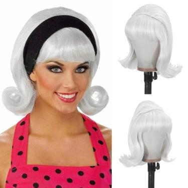 Imagem de Sabosi Peruca Colmeia Feminina Vintage Retrô Anos 50, 60 E 70 Com Franja Para Cabelo Sintético Festa De Halloween (Branca)
