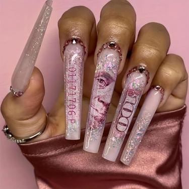 Imagem de RTKHFZE Unhas Postiças Quadradas De Pressão Longa Com Padrão Dinheiro E Strass, Glitter Falso, Cobertura Total, Acrílico, 24 Peças Extras