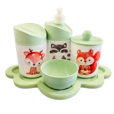 Imagem de Kit Higiene Bebê Floresta Encantada c/bandeja MDF - Menino e Menina (Nuvem Verde/Verde)