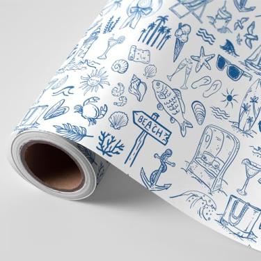 Imagem de FYSUIMU Papel de embrulho de verão - Mini rolo - 43 cm x 80 m azul branco praia peixe papel de embrulho papel de arte tropical para luau festa na piscina chá de bebê aniversário artesanato DIY