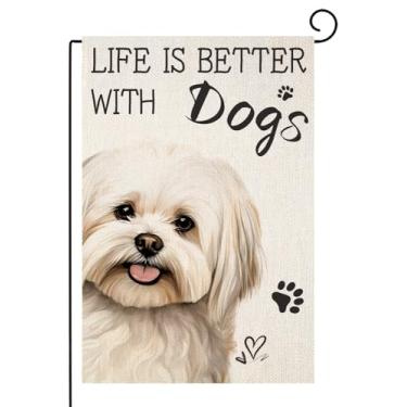 Imagem de TopPacific Life is Better With Dogs Bandeira de jardim maltês 30,5 x 45,7 cm dupla face externa, decoração externa de quintal de fazenda para animais de estimação (6012)