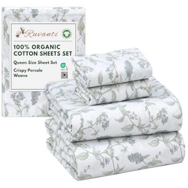 Imagem de RUVANTI Lençóis Queen 100% Algodão Orgânico, Tecido Percal, Certificado GOTS, Conjunto de 4 peças, Bolso Profundo 38 cm, Crisp e Respirável, Roupa de cama macia e durável, Sábanas Algodón Orgánico