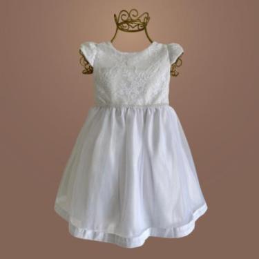 Imagem de Vestido Bebê Batismo Tule Bordado com Cinto de Pérolas - Laureh, Branc