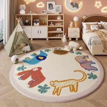 Imagem de Poowe Tapete de quarto infantil de animais fofos, tapetes redondos laváveis de 100 cm, tapete de berçário para bebês, meninos, meninas, tapete antiderrapante, macio para sala de estar, quarto, sala de