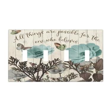 Imagem de Citações motivacionais florais rústicas azul-petróleo e tulipa marrom em madeira bege retrô Quad Toggle capas de interruptor de luz artística decorativa 4 gangues placa de parede 4 furos placas de