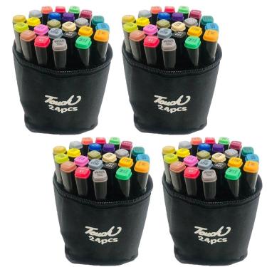 Imagem de Canetinhas 24 Cores Caneta Ponta Dupla Estojo Bolsa Alça Kit 4 Uni Desenho Pintura Artes Design Escola Curso Arquitetura