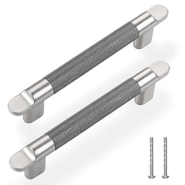 Imagem de TRUSTMI Puxadores de armário com 5 puxadores de gaveta central com orifício de 9,5 cm padrão diamante, ferragens para banheiro, alças de armário de cozinha, cinza e níquel escovado