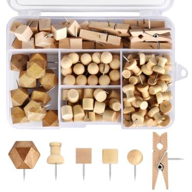 Imagem de 128 peças de pinos de madeira, tachas de polegar para decoração, pinos e tachinhas de madeira, tachinhas de cortiça, tachinha fofa para parede e quadro de avisos, pinos de mapa