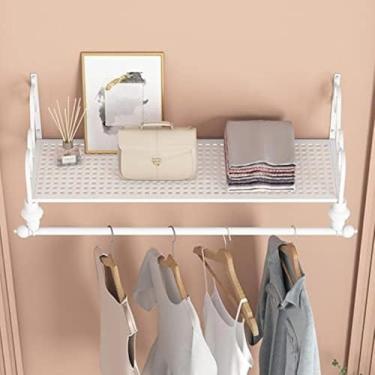 Imagem de Trilho De Roupas Montado Na Parede Com Prateleira Estrutura De Ferro Dourado Preto E Branco, Rack De Armazenamento Multifuncional Trilho De Roupas Montado Na Parede Com Economia D, White, 120cm