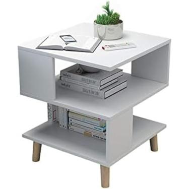 Imagem de Mesa De Centro Quadrada Multicamadas De Madeira, Mesa De Armazenamento De Sofá Com Varanda Mesa Lateral Compacta, Azul/Branco, 40 * 40 * 55,5 Cm, White, 40 * 40 * 55.5CM