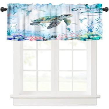 Imagem de Cortina infantil tartaruga azul, desenho animado em aquarela, coral, conchas, cavalo-marinho, âncora, polvo, animais marinhos, janela, sanefa, tratamento blackout para quarto, sala de estar, banheiro