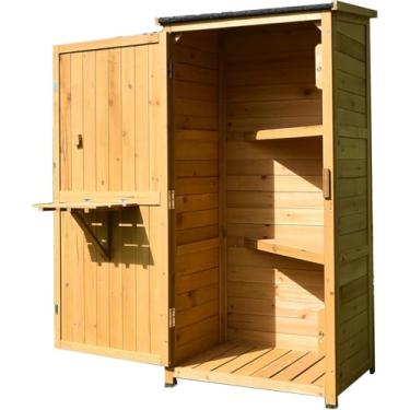 Imagem de Armários De Armazenamento Ao Ar Livre Galpões De Armazenamento De Madeira De Jardim Armários De Ferramentas De Varanda Armário De Armazenamento à Prova De Chuva Para Pátio, Wood Color, 65x47x142cm