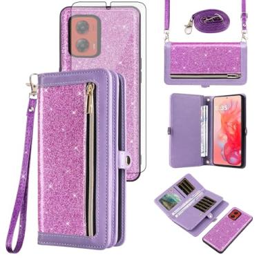 Imagem de Asuwish Capa de celular para Motorola Moto G Stylus 5G 2024 com zíper carteira destacável com protetor de tela transversal alça de cordão brilhante flip porta-cartão slot G5 mulheres homens meninas