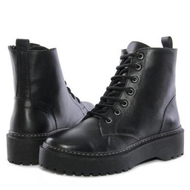 Imagem de Bota Coturno Plataforma Tratorada Feminina Couro Cano Medio Salto Baix