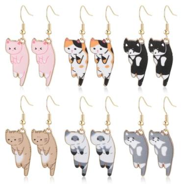 Imagem de Mabor 6 pares de brincos fofos de gato para mulheres, colorido, gatinho, pingente de liga de liga, divertido, anime, animal, brinco, estético, engraçado, joias de desenho animado, presentes