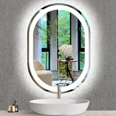 Imagem de MEIOUKA Espelho oval iluminado oval de 45 x 66 cm com luzes reguláveis 3 cores Smart Light Up Espelho oval para banheiro, salão de beleza, montado na parede, antiembaçamento, 66 cm
