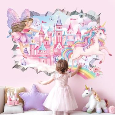 Imagem de decalmile Adesivos de parede 3D Fairy Princess Castelo Unicórnio Fenda Buraco Arco-íris Adesivos de Parede Meninas Quarto Bebê Quarto Infantil Decoração de Parede