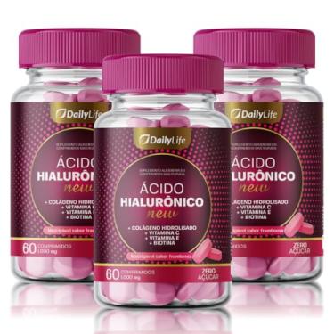 Imagem de Kit 3x Acido Hialuronico 100mg + Colageno Hidrolisado + Vitaminas C E Biotina Mastigavel Sabor Framboesa 60 Comprimidos - Daily Life
