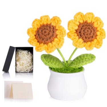 Imagem de ZHIYUXI Flores de crochê artificiais, girassóis de crochê duplo, presentes para mulheres, girassóis feitos à mão, flor de malha para painel de carro, decoração de escritório em casa