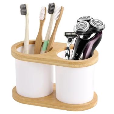 Imagem de Suporte para escova de dentes, suporte de pasta de dentes, organizador de bancada de banheiro, 2 compartimentos, suporte de escova de dentes elétrica - bandeja de bambu