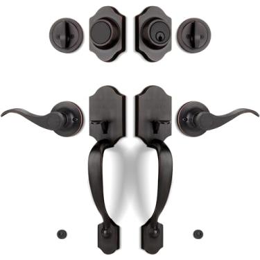 Imagem de LOQRON Conjunto de maçaneta dupla para porta frontal com manequim e fecho, conjunto de fechadura de porta frontal de entrada com maçaneta curva clássica de meia aderência para portas externas ou