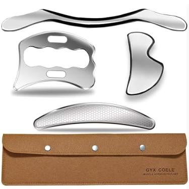 Imagem de GYX COELE Conjunto de ferramentas profissionais de raspador muscular 4 em 1, ferramentas de aço inoxidável gua sha IASTM com estojo, ferramentas de massagem fisioterapêutica para liberação miofascial