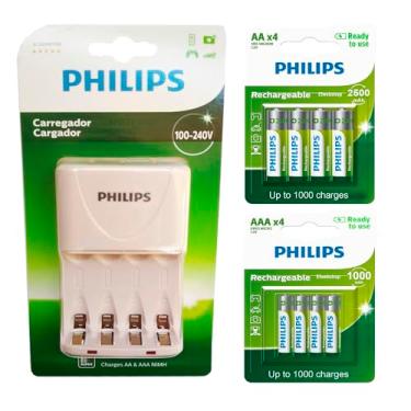 Imagem de Carregador Philips com 4 Pilhas Aa 2500 mais 4 Pilhas Aaa 1000 Palito Recarregáveis RTU Bivolt Inmetro