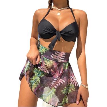 Imagem de Saia Swimwear 3 Peças Mulheres Praia Boho Halter Neck Floral Impresso Separa Biquíni Com Underwire Plunge, Black, M