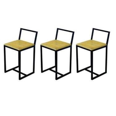 Imagem de Jogo 3 Banqueta Baixa Para Cozinha Madeira Natural Industrial Preta - 