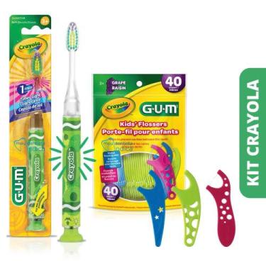 Imagem de Kit Escova Infantil com Led Crayola GUM  Escova c/ Luz + Flosser, Verd