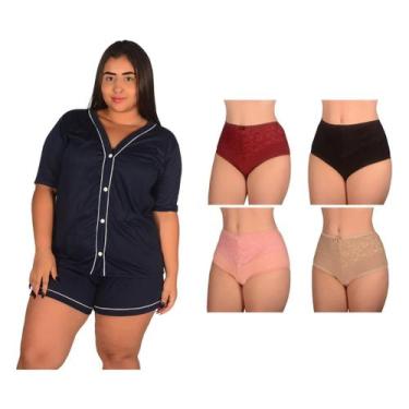 Imagem de Kit 4 Calcinha PLUS SIZE Algodão Renda +1 Pijama Americano Curto Botão