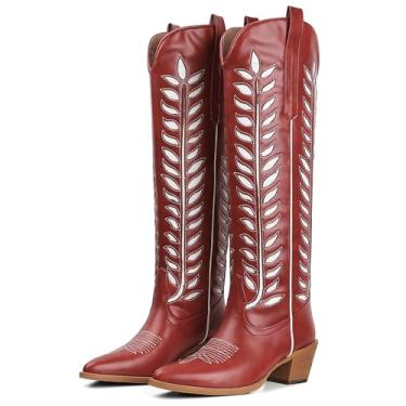 Imagem de Synchoiss Botas de cowboy femininas até o joelho com bordado retrô cowgirl botas de bico fino amêndoa salto grosso botas altas ocidentais sem cadarço, Vermelho, 37