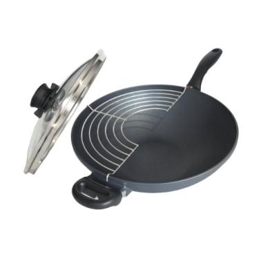 Imagem de Swiss Diamond Wok HD de 32 cm de alumínio antiaderente revestido de diamante, inclui tampa e rack de tempura, seguro para máquina de lavar louça/forno, cinza