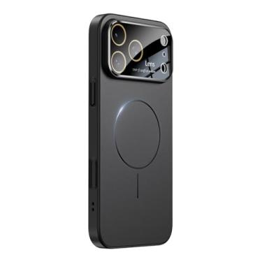 Imagem de Omio Capa magnética para iPhone Pro Max compatível com MagSafe, protetor de lente de câmera de vidro embutido, visor de logotipo de janela grande, proteção contra quedas de grau militar, capa fosca