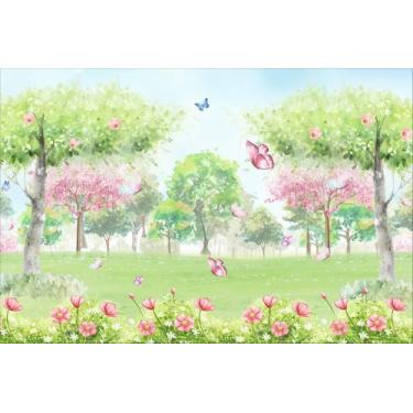 Imagem de Painel de Lona Floresta Flores Arvores Borboletas Aquarela - Fabrika d