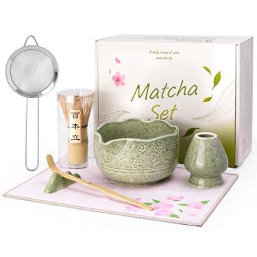 Imagem de Conjunto de batedor Matcha, kit perfeito para fazer matcha com tigela de bico, batedor de bambu durável e suporte para chasen, colher e descanso, peneira, toalha, presente de chá tradicional exclusivo