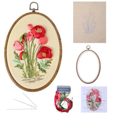 Imagem de GORGECRAFT Kit de bordado floral 3D, design de padrão estampado de flores, argolas de plástico de ponto cruz, linhas coloridas, agulhas de agulha, kits iniciantes com instruções para iniciantes