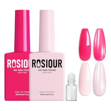 Imagem de Rosiour Kit de esmalte em gel sem HEMA – Conjunto de 2 peças de esmalte de gel rosa claro e rosa choque de 18 ml com pó cromado para salão de manicure com ponta francesa, faça você mesmo em casa, cura