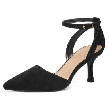 Imagem de mysoft Sandália feminina com bico fino, bico fino, salto baixo, tira no tornozelo, bico fechado, vestido de festa de casamento, Camurça preta, 40